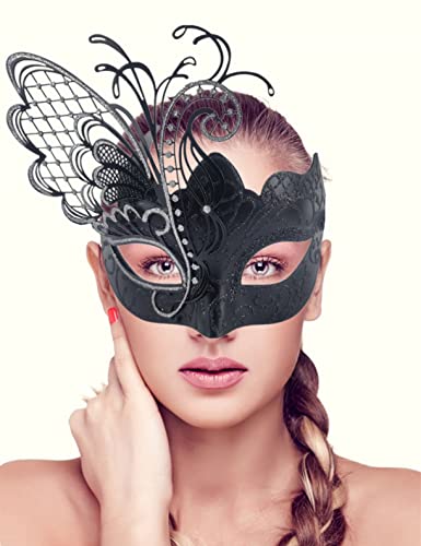 Máscara de mujer veneciana de metal con diamantes de imitación de mariposa negra para mascarada / fiesta de Mardi Gras / baile de disfraces sexy / boda