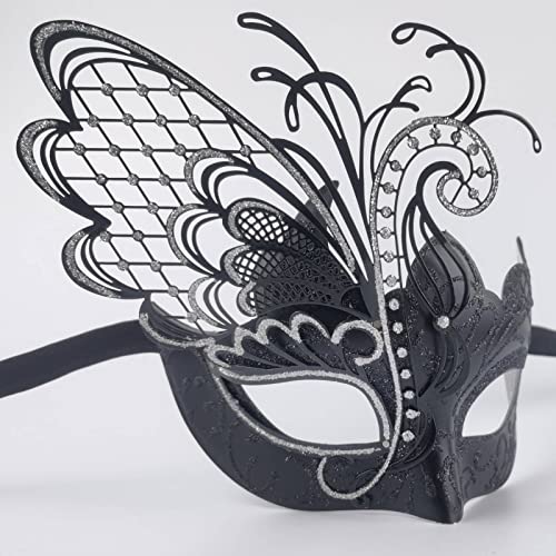 Máscara de mujer veneciana de metal con diamantes de imitación de mariposa negra para mascarada / fiesta de Mardi Gras / baile de disfraces sexy / boda