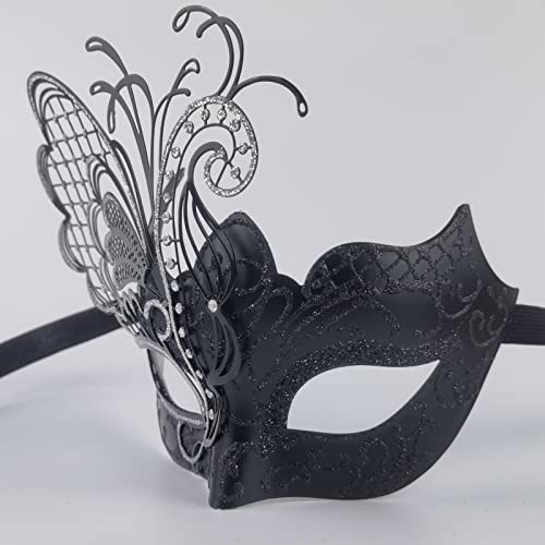 Máscara de mujer veneciana de metal con diamantes de imitación de mariposa negra para mascarada / fiesta de Mardi Gras / baile de disfraces sexy / boda