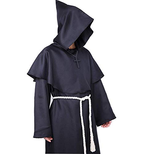 Medieval Disfraz de Monje Sacerdote,Halloween Túnica Medieval Traje con Cruz para Halloween Carnaval(Negro,XL)