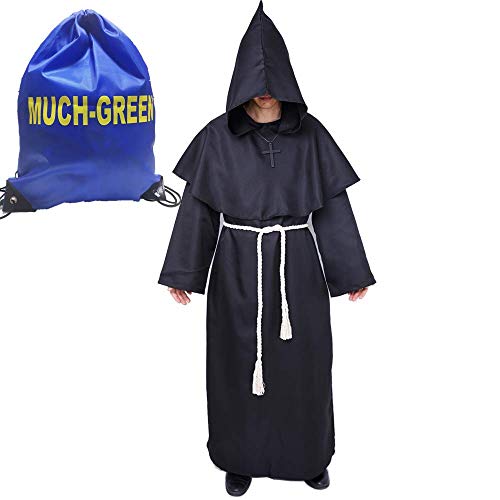 Medieval Disfraz de Monje Sacerdote,Halloween Túnica Medieval Traje con Cruz para Halloween Carnaval(Negro,XL)