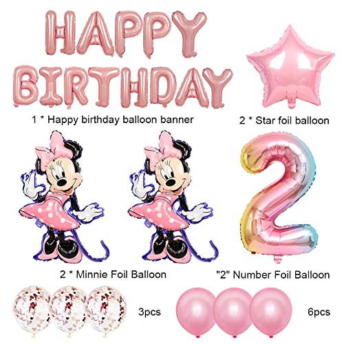 Minnie Decoración De Fiesta15 Piezas Minnie Cumpleaños 2 año Themed Decoraciones de Fiesta Mickey Party Globos de Látex Rosa Happy Birthday Banner para Niños Fiestas, Rosa