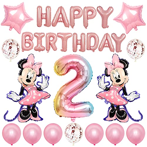 Minnie Decoración De Fiesta15 Piezas Minnie Cumpleaños 2 año Themed Decoraciones de Fiesta Mickey Party Globos de Látex Rosa Happy Birthday Banner para Niños Fiestas, Rosa