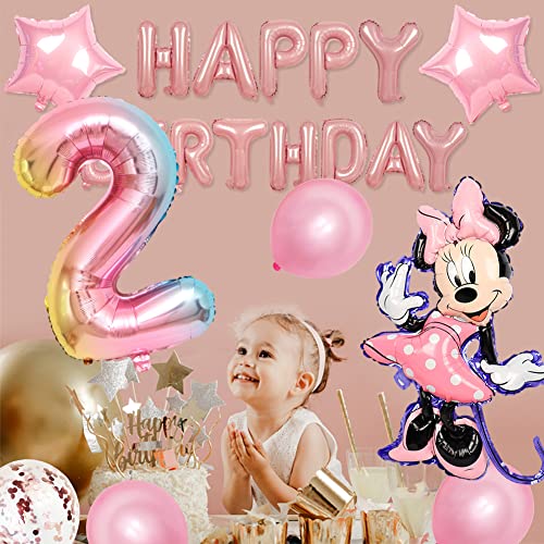 Minnie Decoración De Fiesta15 Piezas Minnie Cumpleaños 2 año Themed Decoraciones de Fiesta Mickey Party Globos de Látex Rosa Happy Birthday Banner para Niños Fiestas, Rosa