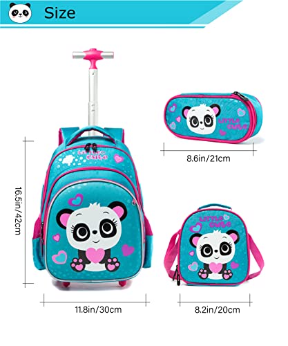 Mochila Escolar con Ruedas niña,Estilo Princesa Lindo Panda Estudiantes de Primaria Carros para Mochilas Bolsa de Almuerzo Estuche Escolares Equipaje de Viaje Multifuncional(Azul)