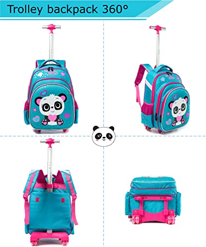 Mochila Escolar con Ruedas niña,Estilo Princesa Lindo Panda Estudiantes de Primaria Carros para Mochilas Bolsa de Almuerzo Estuche Escolares Equipaje de Viaje Multifuncional(Azul)