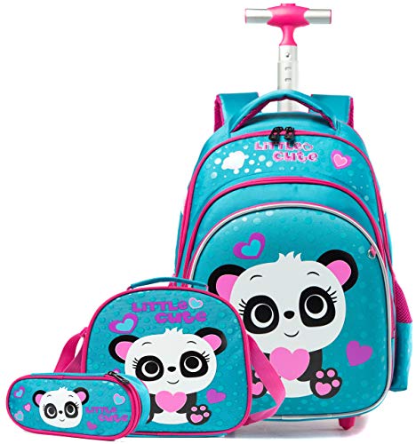 Mochila Escolar con Ruedas niña,Estilo Princesa Lindo Panda Estudiantes de Primaria Carros para Mochilas Bolsa de Almuerzo Estuche Escolares Equipaje de Viaje Multifuncional(Azul)