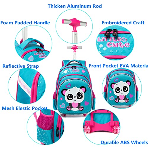 Mochila Escolar con Ruedas niña,Estilo Princesa Lindo Panda Estudiantes de Primaria Carros para Mochilas Bolsa de Almuerzo Estuche Escolares Equipaje de Viaje Multifuncional(Azul)