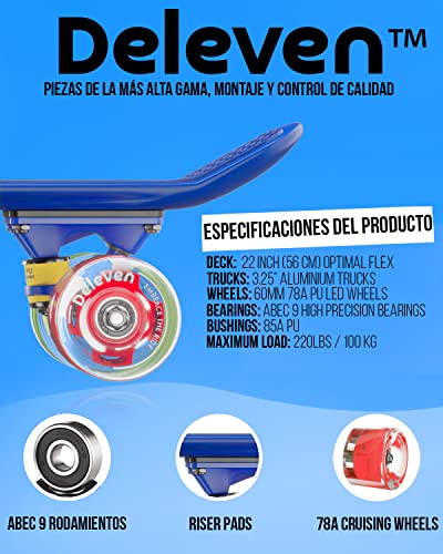 Monopatin Completo Mini Cruiser 56cm Skateboard Ruedas con Luz LED o Normal Plástico para Niño Niña Jóvenes Adulto Principiante