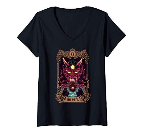 Mujer Arcanos mayores Carta de tarot El diablo XV Halloween Camiseta Cuello V