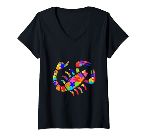 Mujer Puzzle Escorpión Escorpión rompecabezas autismo Camiseta Cuello V