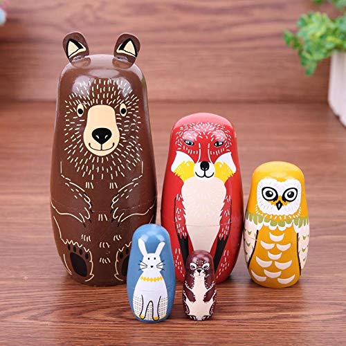 Muñeca matryoshka de madera Matryoshka Muñecas de anidación rusa Niños Hecho a mano Madera Matryoshka Muñeca de juguete Artesanía Niños Regalos de cumpleaños Muñeca rusa (Color: 5pcs Animal)