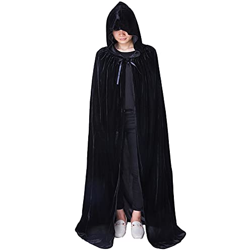 Myir JUN Largo Capa con Capucha Terciopelo, Unisex Adulto Niños Disfraz de Halloween Fiesta Disfraces Vampiro Traje (Negro, XL)