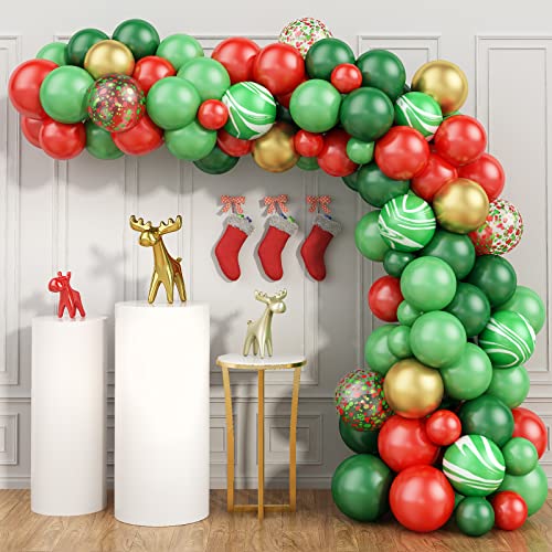 Navidad Kit Guirnalda Globos, Rojo Verde Kit Arco de Globos de Feliz Navidad, 90 Piezas Rojo Verde Dorado Globos de Látex para Fiestas Navideñas, Año Nuevo, Decoraciones para Fiestas de Cumpleaños