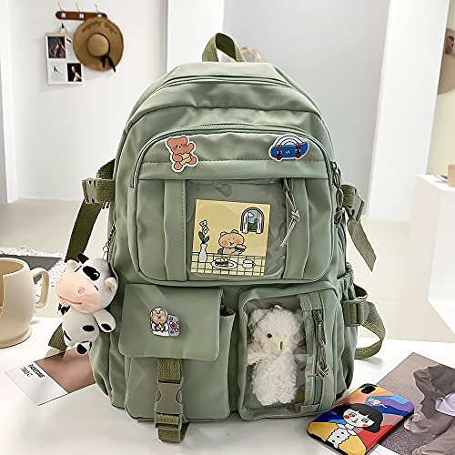 NC S.Fanny OU - Mochila escolar con colgante japonés, diseño kawaii japonés, tamaño pequeño, material escolar, para ordenador portátil, verde,