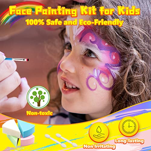 Oukzon Pinturas Cara para Niños, 16+2 Carnaval Gran Professionale Pintura Facial para Disfraces, No Tóxico Colores, 32 Plantillas, 116 Rhinestones, Color Pelo, Crayones, Regalo Set para Halloween