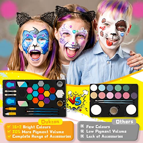 Oukzon Pinturas Cara para Niños, 16+2 Carnaval Gran Professionale Pintura Facial para Disfraces, No Tóxico Colores, 32 Plantillas, 116 Rhinestones, Color Pelo, Crayones, Regalo Set para Halloween