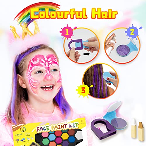 Oukzon Pinturas Cara para Niños, 16+2 Carnaval Gran Professionale Pintura Facial para Disfraces, No Tóxico Colores, 32 Plantillas, 116 Rhinestones, Color Pelo, Crayones, Regalo Set para Halloween