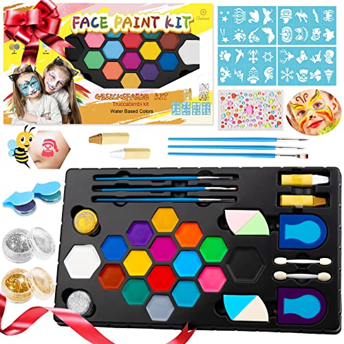 Oukzon Pinturas Cara para Niños, 16+2 Carnaval Gran Professionale Pintura Facial para Disfraces, No Tóxico Colores, 32 Plantillas, 116 Rhinestones, Color Pelo, Crayones, Regalo Set para Halloween