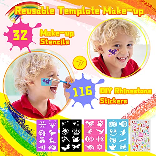 Oukzon Pinturas Cara para Niños, 16+2 Carnaval Gran Professionale Pintura Facial para Disfraces, No Tóxico Colores, 32 Plantillas, 116 Rhinestones, Color Pelo, Crayones, Regalo Set para Halloween