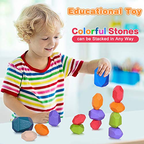 Piedras de Madera para Niños, Juguetes de Apilamiento de Piedras de Colores, Juego de Apilamiento Bloques de Roca Juguetes Montessori para pequeños niñas niños (24Pcs)