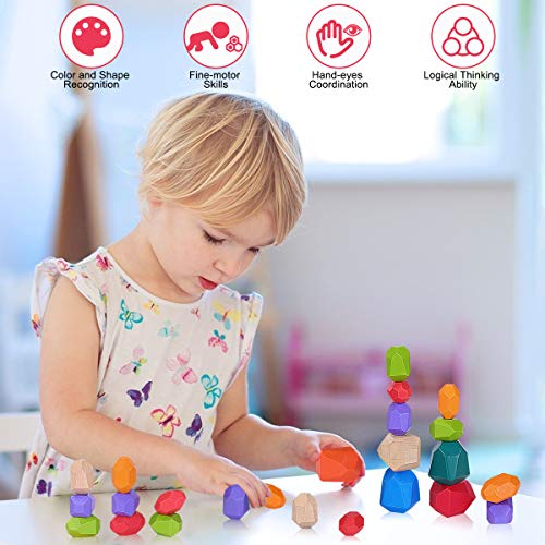 Piedras de Madera para Niños, Juguetes de Apilamiento de Piedras de Colores, Juego de Apilamiento Bloques de Roca Juguetes Montessori para pequeños niñas niños (24Pcs)