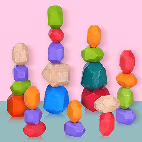 Piedras de Madera para Niños, Juguetes de Apilamiento de Piedras de Colores, Juego de Apilamiento Bloques de Roca Juguetes Montessori para pequeños niñas niños (24Pcs)