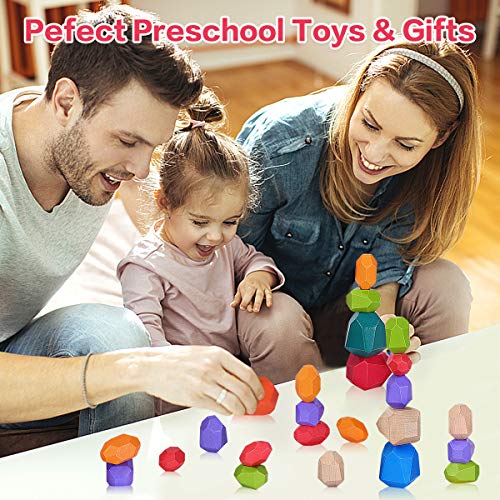 Piedras de Madera para Niños, Juguetes de Apilamiento de Piedras de Colores, Juego de Apilamiento Bloques de Roca Juguetes Montessori para pequeños niñas niños (24Pcs)