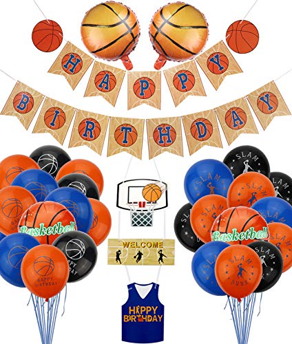 PIXHOTUL Decoraciones para Fiestas de Baloncesto, Happy Birthday Pancartas de Baloncesto y 34 Piezas de Baloncesto Temático Fiesta de Cumpleaños de Globos para Niños y Fanáticos del Baloncesto