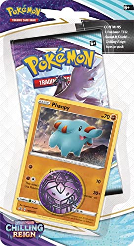 Pokemon TCG Booster Pack | 3 Cartas Promo Phanpy Holo| 1 sobre Chilling Reign | 1 Moneda colección Espada y Escudo Chilling Reign | Cartas y Sobres en Inglés 2021