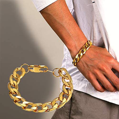 PROSTEEL Pulsera Gorda para Señor Oro 18K Baño Pulsera Cadena Cuaban Brazalete Eslabones 13mm Ancho 21cm Largo