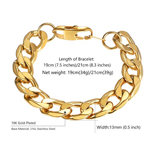 PROSTEEL Pulsera Gorda para Señor Oro 18K Baño Pulsera Cadena Cuaban Brazalete Eslabones 13mm Ancho 21cm Largo