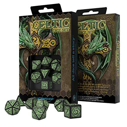 Q Workshop Celtic 3D Revised Black & Green RPG Dice Set 7 Polyhedral Pieces