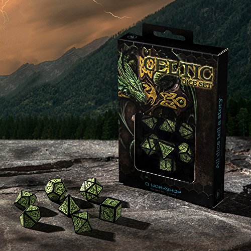 Q Workshop Celtic 3D Revised Black & Green RPG Dice Set 7 Polyhedral Pieces