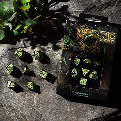 Q Workshop Celtic 3D Revised Black & Green RPG Dice Set 7 Polyhedral Pieces