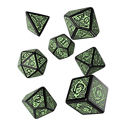 Q Workshop Celtic 3D Revised Black & Green RPG Dice Set 7 Polyhedral Pieces