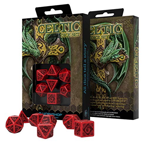 Q Workshop Celtic 3D Revised Red & Black RPG Dice Set 7 Polyhedral Pieces