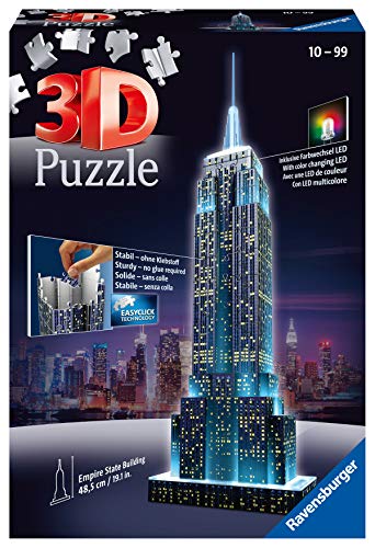 Ravensburger 12566 1- Puzzle 3D Building: Empire State Building Night Edition, Multicolor + Puzzle Building 3D Night Edition: Estatua De La Libertad (12596), Color, Modelo Surtido