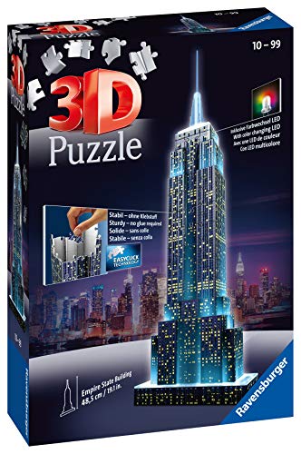 Ravensburger 12566 1- Puzzle 3D Building: Empire State Building Night Edition, Multicolor + Puzzle Building 3D Night Edition: Estatua De La Libertad (12596), Color, Modelo Surtido