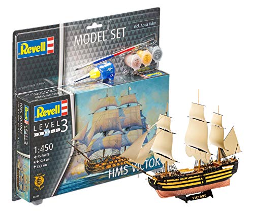 Revell Maqueta de Barco 1: 450 – HMS Victory en Escala 1: 450, Nivel 3, réplica exacta con Muchos Detalles, Barco, Model Juego con Base Accesorios, 65819