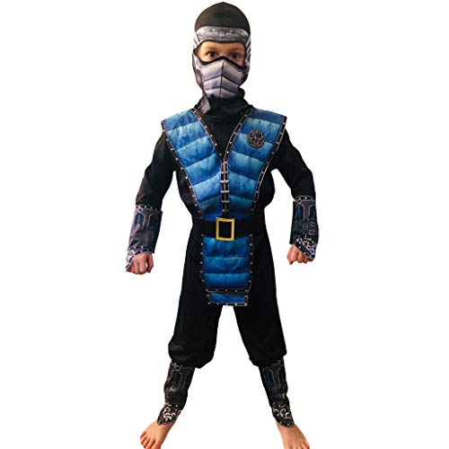 Rubber Johnnies Disfraz de NINJA de KOMBAT azul, estampado 3D, vestido de lujo, mortal, infantil, Halloween, 8 a 10 años