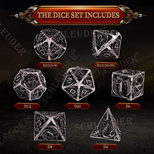 Schleuder D&D Dados para Dungeons and Dragons Dados de rol, Dice Metal Gold Set Juegos de rol, RPG Hueco Forma de Dragón Poliédricos Juego de Dados (Bronce)