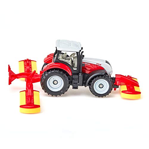 siku 1672, Tractor Steyr con combinación de remolque segadora Pöttinger, Metal/Plástico, Rojo, Vehículo de juguete para niños