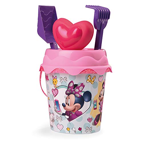 Simba- Mickey & Friends Cubo de Playa Minnie Mouse con Pala, rastrillo, Molde y tamiz, 17 cm, Color (863036)