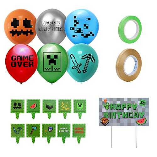 Sinwind Decoración de Cumpleaños para Niños, Decoraciones de Cumpleaños de Videojuegos Látex Globos de Píxeles Videojuegos Globos Pancarta de Cumpleaños para Niño (Color 2)