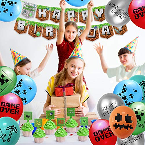 Sinwind Decoración de Cumpleaños para Niños, Decoraciones de Cumpleaños de Videojuegos Látex Globos de Píxeles Videojuegos Globos Pancarta de Cumpleaños para Niño (Color 2)