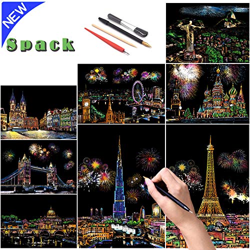 SiYear Scratch Paper Rainbow Painting Sketch, City Series Night Scene, Scratch Painting Regalo Creativo, Scratchboard para Adultos y niños con 4 Herramientas