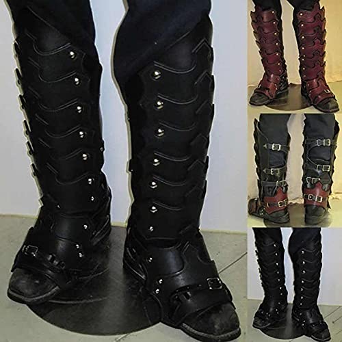 SKLLA Armadura Retro De Cuero para Las Piernas, Polainas Góticas Kit De Disfraz De Caballero Vikingo Medieval Funda para Botas De Cosplay para Hombre,Negro