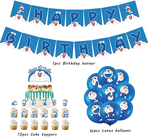 smileh Decoraciones de Cumpleaños Doraemon Globos Pancarta de Feliz Cumpleaños Doraon Decoración de Tartas para Niños Doraemon Fiesta de Cumpleaños Decoracion