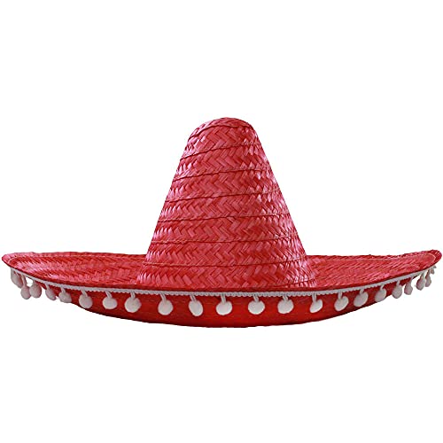 SOMBRERO PINK, RED, GREEN MULTICOLOURED OR YELLOW MENS LADIES MEXICAN DELUXE FANCY DRESS ACCESSORY HAT WITH POM POM EDGING BULK